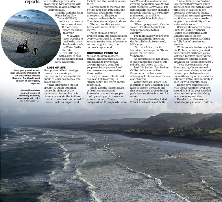  ?? CHRIS MCKEEN/STUFF ?? Emergency services and local volunteer lifeguards at the unpatrolle­d O’neills Beach on Auckland’s west coast in an emergency response.Murwai Beach has claimed victims of drowning after they were swept off rocks.