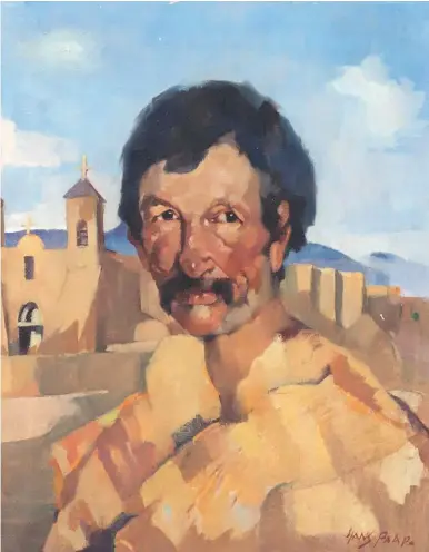  ??  ?? Hans Paap (1894-1966), Portrait of Man in Front of San Francisco de Asis Mission Church, Rancho de Taos, New Mexico. Oil on canvas, 20 x 16 in.