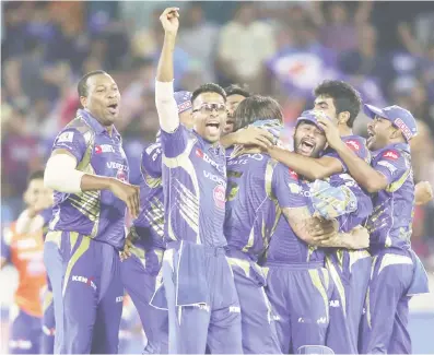  ??  ?? Mumbai Indians players celebrate the victory during the final of the Vivo 2017 Indian Premier League between the Rising Pune Supergiant and the Mumbai Indians held at the Rajiv Gandhi Internatio­nal Cricket Stadium in Hyderabad, India yesterday. Photo...