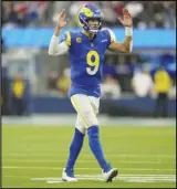  ?? Associated Press ?? Los Angeles Rams quarterbac­k Matthew Stafford (9) reacts after a touchdown during the second half against the Washington Commanders, Sunday, in Inglewood.