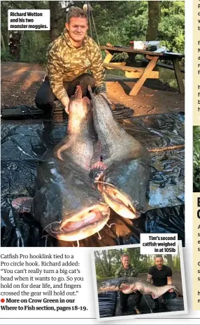  ??  ?? Richard Wetton and his two monster moggies. Tim’s second catfish weighed in at 105lb