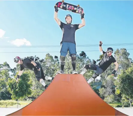  ??  ?? Ol' Man Skateboard Riders members Ben Topperien, Steven Winkler and Kim Dry at Pimpama Skate Park. Picture: GLENN HAMPSON