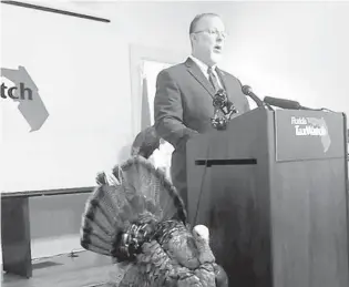  ?? JIM TURNER / NEWS SERVICE OF FLORIDA ?? Tony Carvajal, executive vice president of Florida TaxWatch, discusses budget“turkeys,”questionab­le spending items approved by state lawmakers. Among the highest-profile items was $35 million for what was described as a “Sports Training and Youth Tournament Complex” in Pasco County.