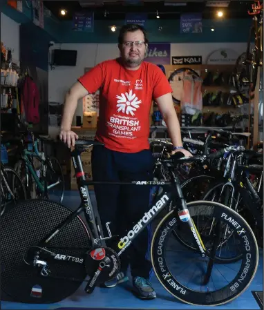  ??  ?? Stephen Blom at the Paisley headquarte­rs of his Return To Life charity, above a bike shop Picture: Kirsty Anderson Below, Stephen competing in a bike race, and on his wedding day to wife Sarah