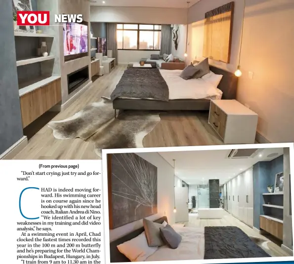  ??  ?? TOP and ABOVE: Chad’s bedroom has an en-suite bathroom and two television­s. A cosy lounge area was created next to the large bedroom window so Chad can appreciate the view. He looked long and hard for an apartment with a view and large rooms, he tells...