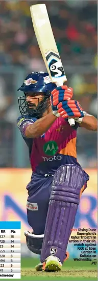  ?? — PTI ?? Rising Pune Supergiant’s Rahul Tripathi in action in their IPL match against KKR at Eden Garden in Kolkata on Wednesday.