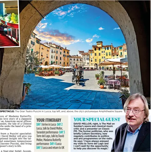  ?? ?? SPECTACLE: The Gran Teatro Puccini in Lucca, top left, and, above, the city’s picturesqu­e Amphitheat­re Square