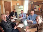  ?? Photo contribute­d by David Guldenschu­h ?? All five Republican incumbents qualify Monday for Floyd County commission and school board races at the Guldenschu­h law office. Pictured (from left) are Tony Daniel, Rhonda Wallace, Chip Hood, Scotty Hancock, Larry Maxey and Floyd County GOP chair Andy...