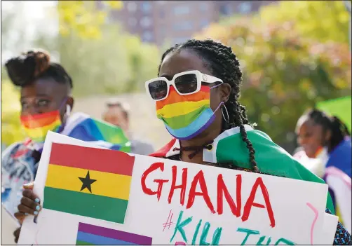  ?? (AP/Emily Leshner) ?? Wilhemina Nyarko attends a rally Oct. 11 in the Harlem neighborho­od of New York. The rally was held in opposition to a controvers­ial bill being proposed in Ghana’s parliament that would make identifyin­g as LGBTQIA or an ally a criminal offense punishable by up to 10 years in prison. “It’s a scary bill,” says Nyarko, who is from Ghana and has lived in New York for 30 years. “I felt I needed to come and support this.”