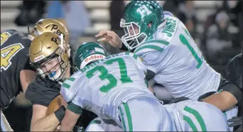  ?? MICHAEL GARD/POST-TRIBUNE ?? Valparaiso’s Troy Barton (37), Dylan Dingman and Cooper Jones (11) team up to sack Penn quarterbac­k Ronald Powlus Jr.