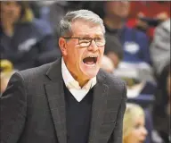  ?? Jessica Hill / Associated Press ?? UConn coach Geno Auriemma reacts in the second half of Friday’s game against Memphis in Storrs.