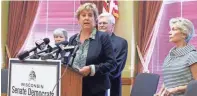  ?? ASSOCIATED PRESS ?? State Senate Minority Leader Jennifer Shilling (D-La Crosse) speaks at a news conference Tuesday in Madison, where she said Democrats could support a $3 billion incentive package for electronic­s giant Foxconn Technology Group if changes were made to...