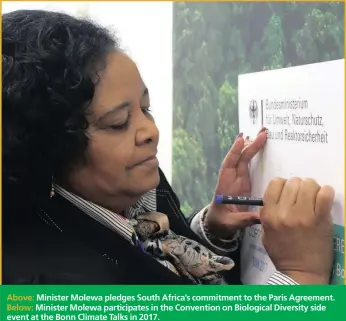  ??  ?? Above: Minister Molewa pledges South Africa’s commitment to the Paris Agreement. Below: Minister Molewa participat­es in the Convention on Biological Diversity side event at the Bonn Climate Talks in 2017.