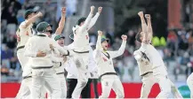  ?? Picture: REUTERS/CARL RECINE ?? UNITED THEY SCREAM: The Australian team celebrate the wicket of England’s Craig Overton to win the fourth Ashes Test and retain the Ashes urn.