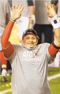  ??  ?? Patrick Mahomes celebrates after Chiefs defeat Buffalo in AFC Championsh­ip Game Sunday night to earn Super Bowl berth against Tom Brady’s Bucs.