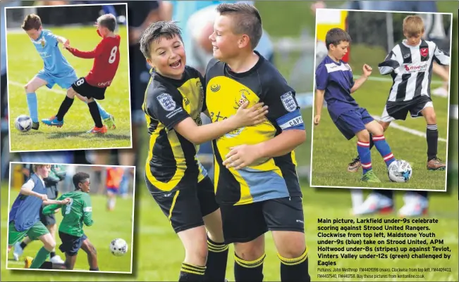  ?? Pictures: John Westhrop FM4409398 (main). Clockwise from top left, FM4409403, FM4407540, FM4407511. Buy these pictures from kentonline.co.uk ?? Main picture, Larkfield under-9s celebrate scoring against Strood United Rangers. Clockwise from top left, Maidstone Youth under-9s (blue) take on Strood United, APM Holtwood under-8s (stripes) up against Teviot, Vinters Valley under-12s (green)...