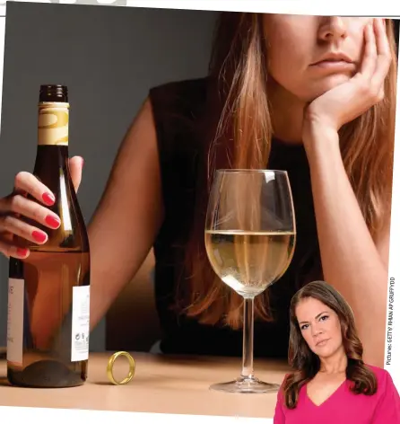  ?? D Y FF U R G P A N A I H R Y/ TT E G s: e r u t c i P ?? Demon drink: Excess alcohol can ruin relationsh­ips. Inset: Susan Worth, who says drinking played a part in her divorce