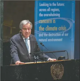  ?? (United Nations/Eskinder Debebe) ?? Guterres speaks Monday in the General Assembly in observance of the Internatio­nal Day of Peace celebratin­g 75 Years of the United Nations at U.N. headquarte­rs.