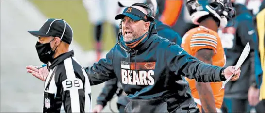  ?? CHRIS SWEDA/CHICAGO TRIBUNE ?? Coach Matt Nagy argues a call with a referee during a game against the Colts on Oct. 4, a game in which the Bears were an underdog.