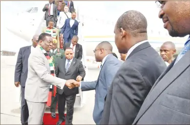  ??  ?? President Mnangagwa is introduced to Zimbabwe UN Embassy staff by Ambassador Frederick Shava on arrival in New York for the United Nations General Assembly yesterday. Behind him are Finance and Economic Developmen­t Minister Professor Mthuli Ncube and Reserve Bank of Zimbabwe Governor Dr John Mangudya. — (Picture by Presidenti­al Photograph­er Joseph Nyadzayo)