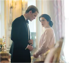  ?? ROBERT VIGLASKY / NETFLIX VIA AP ?? Left: Matt Smith and Clair Foy as Queen Elizabeth and Prince Philip in and episode of The Crown. Right: The real Queen Elizabeth II and Prince Philip, nearing their 70th anniversar­y, visit Pangbourne College last May.