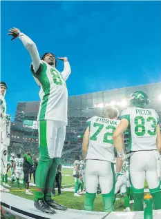  ?? MICHAEL BELL ?? Duron Carter, shown exhorting the fans at Mosaic Stadium, has yet to emerge as a focal point of the Roughrider­s’ offence. Carter has 16 receptions for 156 yards and a touchdown to open the season.