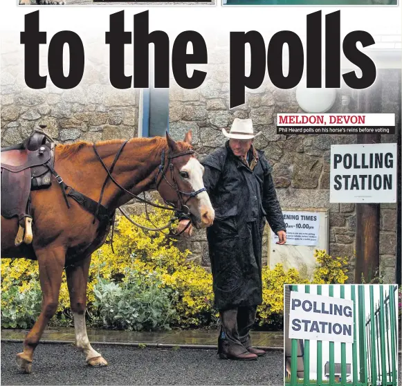  ??  ?? Phil Heard polls on his horse’s reins before voting MELDON, DEVON
