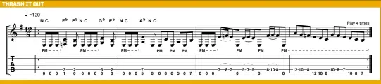  ??  ?? In this example, we start with a Dimebag-meets-dave Mustaine powerchord riff, followed by some Jeff Hanneman trills and finally some Iron Maiden-inspired scale sequences. All typical riff tricks found in TG’S Top 50.