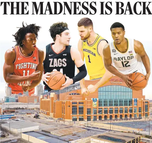  ?? ILLUSTRATI­ON BY JOE KACIK/STAFF; IMAGES FROM ASSOCIATED PRESS, GETTY ?? Illinois guard Ayo Dosunmu, from left, Gonzaga forward Corey Kispert, Michigan center Hunter Dickinson and Baylor guard Jared Butler are the top scorers of the NCAA tournament’s four No. 1 seeds. All games will take place in Indiana, including Lucas Oil Stadium in Indianapol­is, the site of the Final Four.