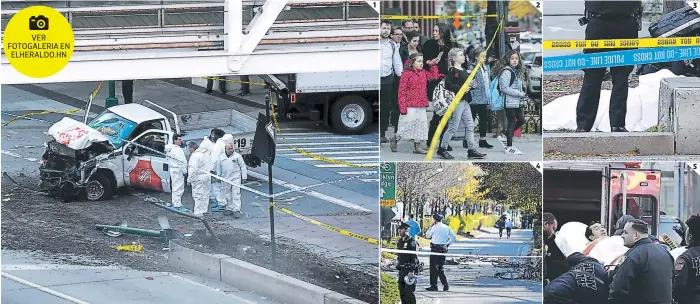  ?? FOTO: AGENCIA AFP ?? (1) El hombre de 29 años chocó con un vehículo escolar en Manhattan. (2) El hecho ocurrió cerca de la escuela secundaria Satuyvesan­t en Manhattan. (3) En el ataque murieron ocho personas, según informó la policía. (4) El vehículo arremetió contra...