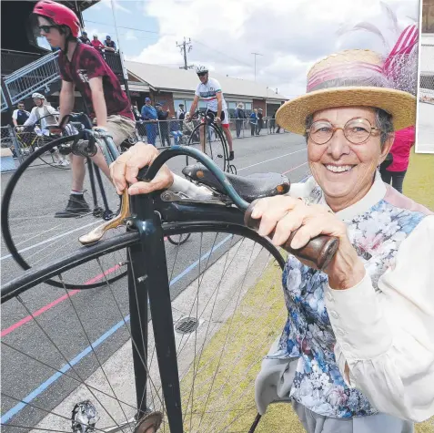  ?? Picture: ALAN BARBER ?? LET’S RIDE: Janis Munro with her penny farthing at the Victorian championsh­ips at Geelong West velodrome yesterday.