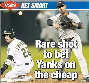  ??  ?? NICE PRICES: Gleyber Torres turns a double play vs. the A’s in 2018. The Yankees’ trip to Oakland and LA offers a chance to bet on the Bombers at more affordable odds.