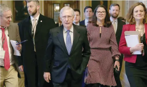  ?? — Reuters ?? US Senate Majority Leader Mitch Mcconnell returns to his office after a speech on the Senate floor of the US Capitol in Washington.