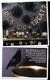  ??  ?? The artificial black crow from Dust costs ¤20 while (above) make-and-do decoration­s are a cheap but effective way to dress up the house and (right) spray-painting objects gives that instant macabre touch