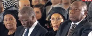  ??  ?? Screen grabs from ENCA of Ahmed Kathrada’s funeral. ABOVE: Former president Thabo Mbeki and his wife, Zanele Dlamini-Mbeki, sit with fellow mourners Deputy President Cyril Ramaphosa and his wife, Dr Tshepo Motsepe. LEFT: Widow Barbara Hogan.