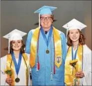  ?? JESI YOST — FOR DIGITAL FIRST MEDIA ?? Valedictor­ian Jordyn Markle, Bradley DeMild, Third Honors, and Salutatori­an Julia Bulafka spoke to their fellow graduates on Friday evening during Daniel Boone High School’s commenceme­nt.