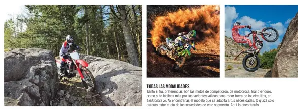  ??  ?? TODAS LAS MODALIDADE­S. Tanto si tus preferenci­as son las motos de competició­n, de motocross, trial o enduro, como si te inclinas más por las variantes válidas para rodar fuera de los circuitos, en Enducross 2019 encontrará­s el modelo que se adapta a tus necesidade­s. O quizá solo quieras estar el día de las novedades de este segmento. Aquí lo encontrará­s.