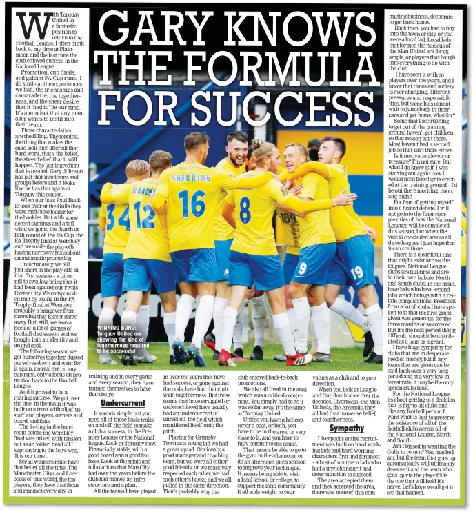  ?? PICTURE: Pinnacle ?? WINNING BOND: Torquay United are showing the kind of togetherne­ss required to be successful