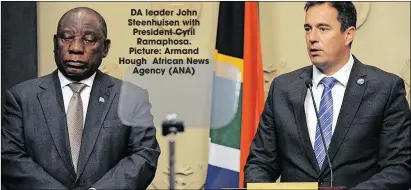  ??  ?? DA leader John Steenhuise­n with President Cyril Ramaphosa. Picture: Armand Hough African News
Agency (ANA)