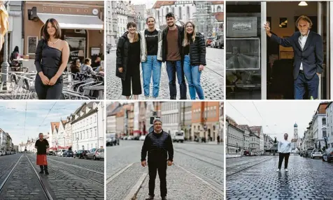  ?? Fotos: Timian Hopf ?? Ein Tableau der Menschen in der Maxstraße: Gastronomi­n Sarah Smolik, die Mitglieder einer Wohngemein­schaft, Antiquar Hartmut Schreyer, Arkadas-betreiber Hasan Tekin, Kirchenmus­iker Peter Bader und Sternekoch Simon Lang.