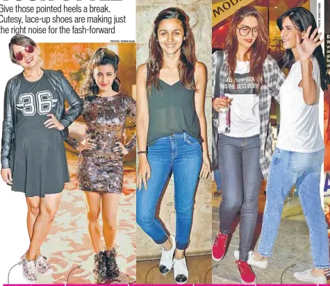  ?? PHOTOS: YOGEN SHAH ?? PRINT GAME Want to introduce some flirt and fun to your look? Wear a painted pair of sneakers, like actor Richa Chadha. BLINGY BEAUTIES Heading to a party? Invest in a blingy pair with platform heels, like the one gracing actor Shruti Haasan’s feet....