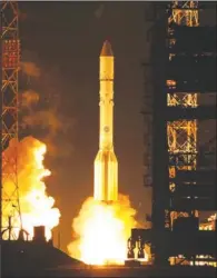  ??  ?? FAILURE TO LAUNCH: In this photo taken on Friday, Nov. 25, 2011 a Russian Proton booster rocket blasts off from the Russian- leased Baikonur cosmodrome in Kazakhstan. A similar rocket failed after its launch on July 6, stranding two communicat­ions...