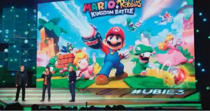  ??  ?? LOS ANGELES: Nintendo co-Representa­tive Director and Creative Fellow Shigeru Miyamoto, left, and Ubisoft Co-founder and CEO Yves Guillemot talk about ‘Mario Rabbids Kingdom Battle’ on stage during the Ubisoft E3 conference at the Orpheum Theater in Los...
