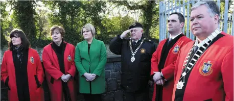  ??  ?? BELOW: Deputy Mayor Michelle Hall , Cllr Eileen Tully, Cllr Joanna Byrne, Jim Fay national president of the organisati­on of national ex servicemen and women ,Cllr Kevin Callan and Mayor Paul Bell at the annual wreath laying ceremony at the Halpin & Moran monument on the Marsh Road