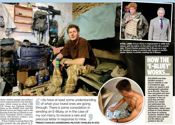  ??  ?? VITAL LINK: Prince Harry in Afghanista­n in 2008 and, above, with his father on his return to the UK a month later. Prince Charles praised the E-Blueys as a way for families to keep in contact with troops in conflict zones. Below: A soldier reading his...