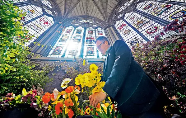  ?? ?? Shane Connolly adds yellow poppies to the arrangemen­ts at Westminste­r Abbey. He has chosen British seasonal flowers and says the cold spring has been beneficial for the floral displays