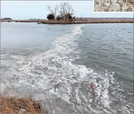  ?? BETSY GRAHAM MARY SOMMER ?? Ice meets water near the mouth of the Poquonnock River.
Above, the rocky tip of Bluff Point Coastal Reserve in Groton juts into Fishers Island Sound.