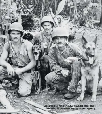  ??  ?? Caesar and his handler, Rufus Mayo, far right, pause with other handlers and dogs during the fighting.