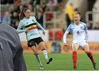  ?? ?? Casey Stoney says playing football has given her many valuable life skills. Above: in action during a UEFA 2017 qualifying match against Belgium