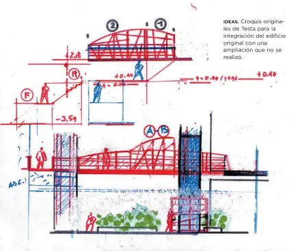  ??  ?? IDEAS. Croquis originales de Testa para la integració­n del edificio original con una ampliación que no se realizó.